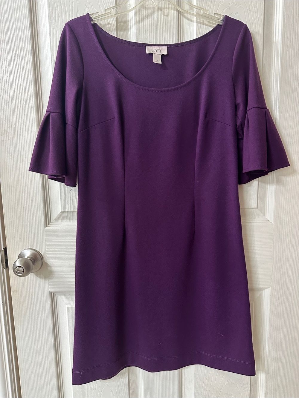 LOFT Deep Purple Scoop Neck Dress with Ruffle Sleeves